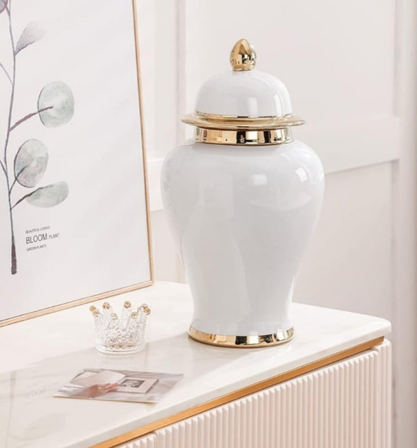 White Ginger Jar with Gold Rim