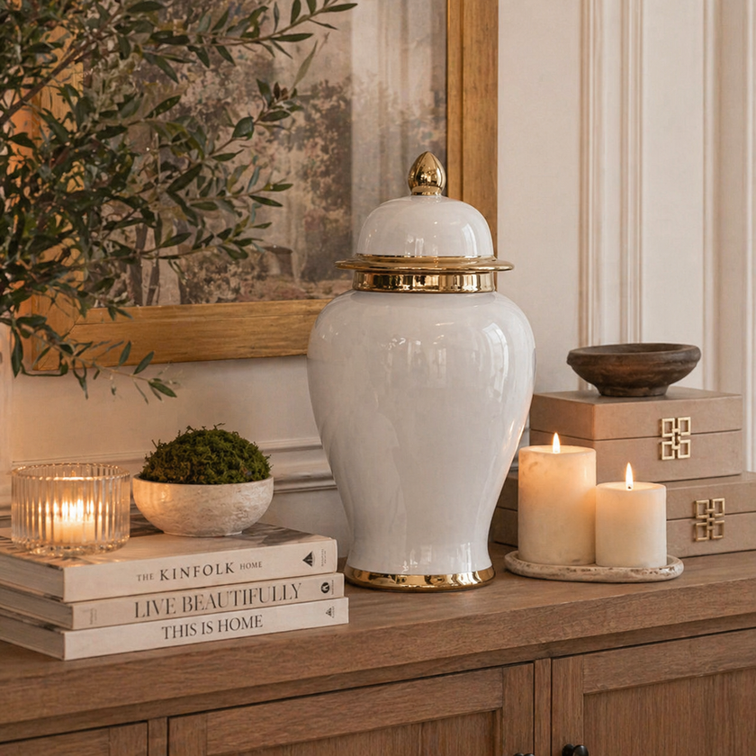 White Ginger Jar with Gold Rim