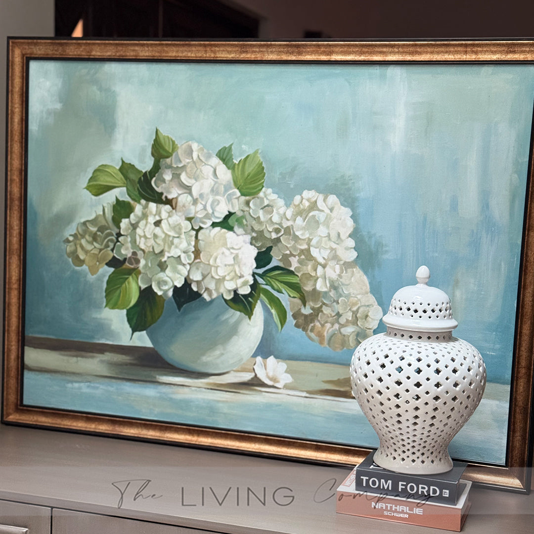 Blue Serenity – White Hydrangeas in Bloom