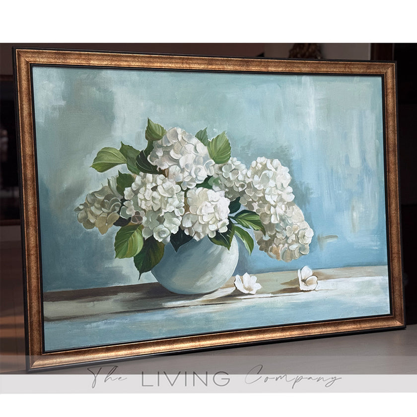 Blue Serenity – White Hydrangeas in Bloom