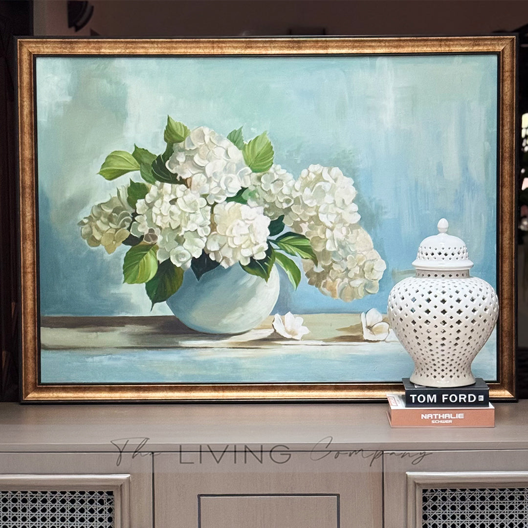 Blue Serenity – White Hydrangeas in Bloom