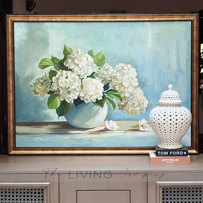 Blue Serenity – White Hydrangeas in Bloom