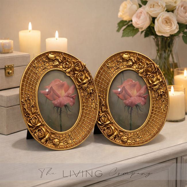 Oval Roses Photo Frames - Gold & White